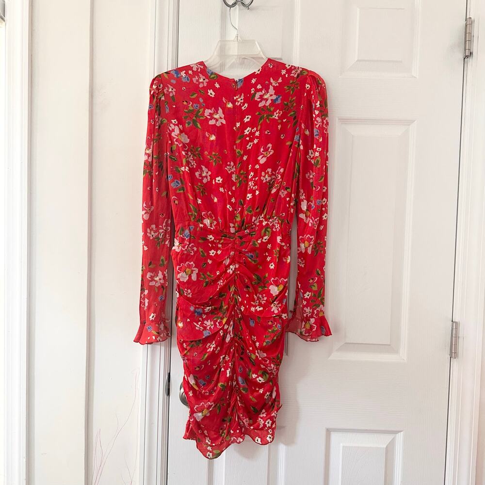Sau Lee Red Floral Print Ruched Skirt Long Sleeve Fitted Sheath Mini Dress 2 - Picture 8 of 8
